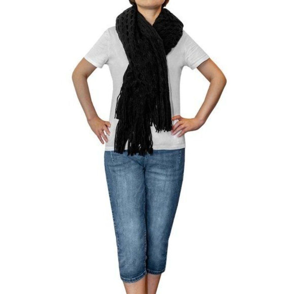 Black Honeycomb Knit Poncho with Tassels - Picture 2 of 4